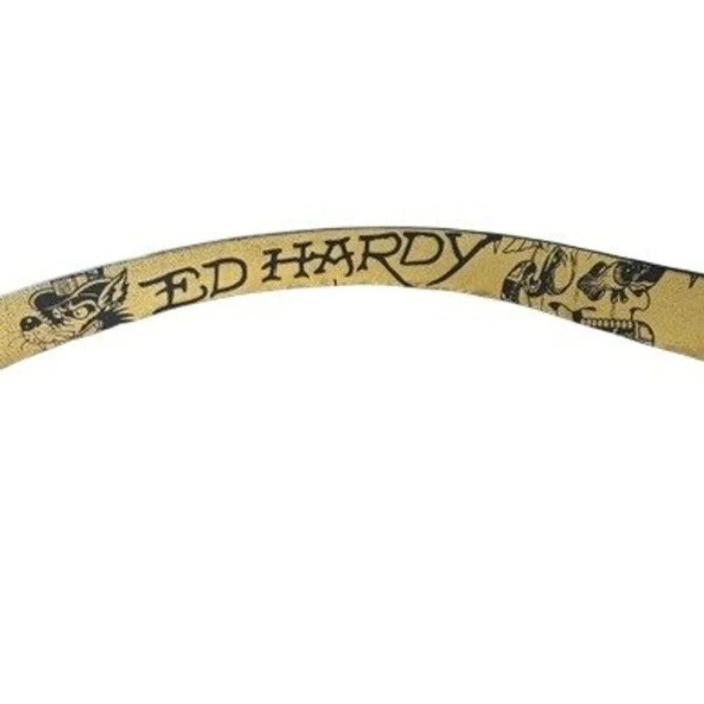Ed Hardy Belt 32 Gold Metallic Tattoo Graphic Tiger Skull Rhinestone Buckle Y2K